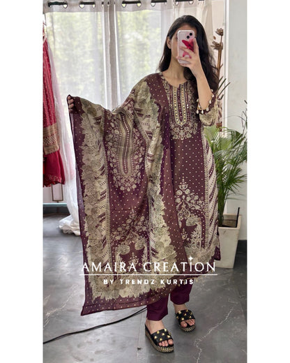 Premium Glass Tissue Bandhni Print Wine Colour Pant Set