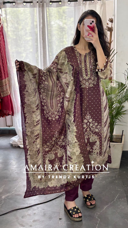 Premium Glass Tissue Bandhni Print Wine Colour Pant Set