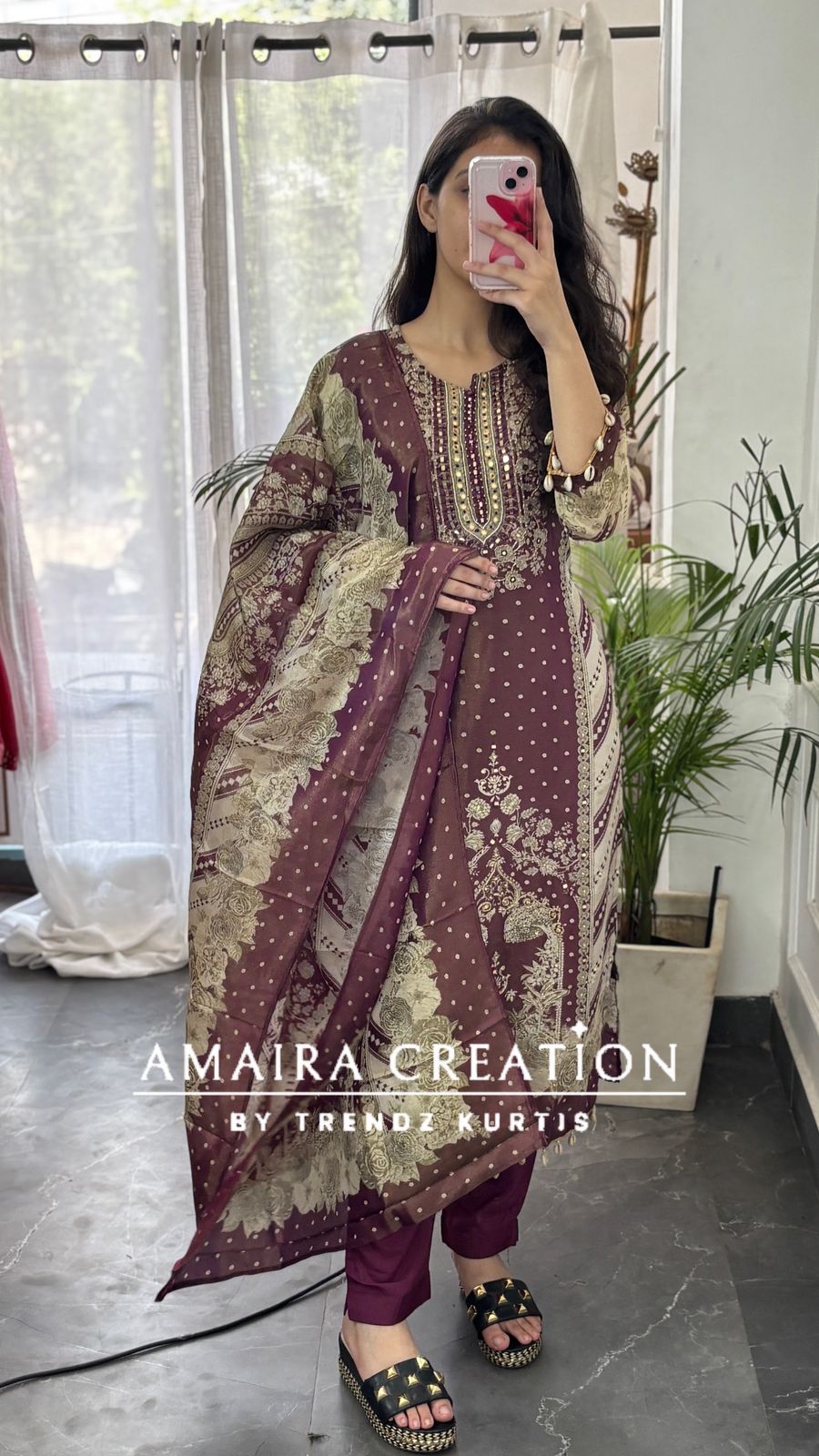 Premium Glass Tissue Bandhni Print Wine Colour Pant Set