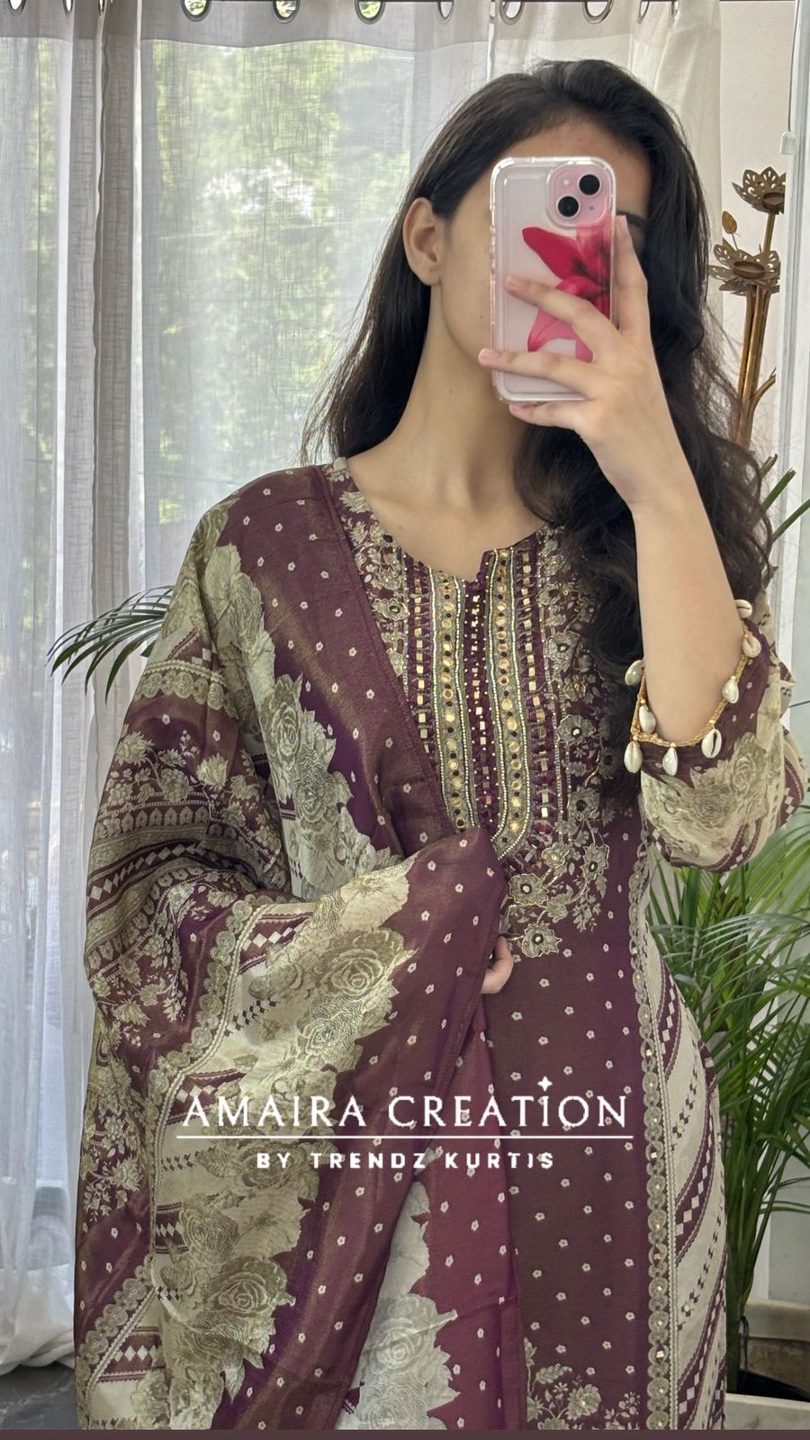 Premium Glass Tissue Bandhni Print Wine Colour Pant Set