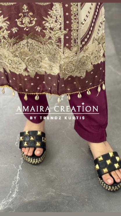 Premium Glass Tissue Bandhni Print Wine Colour Pant Set