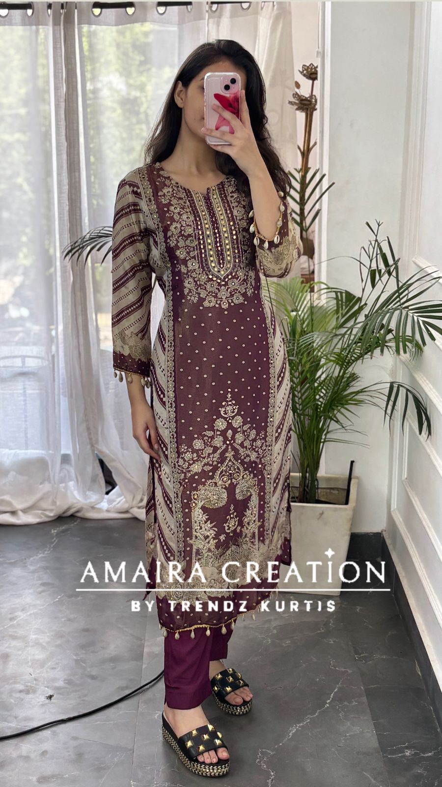 Premium Glass Tissue Bandhni Print Wine Colour Pant Set