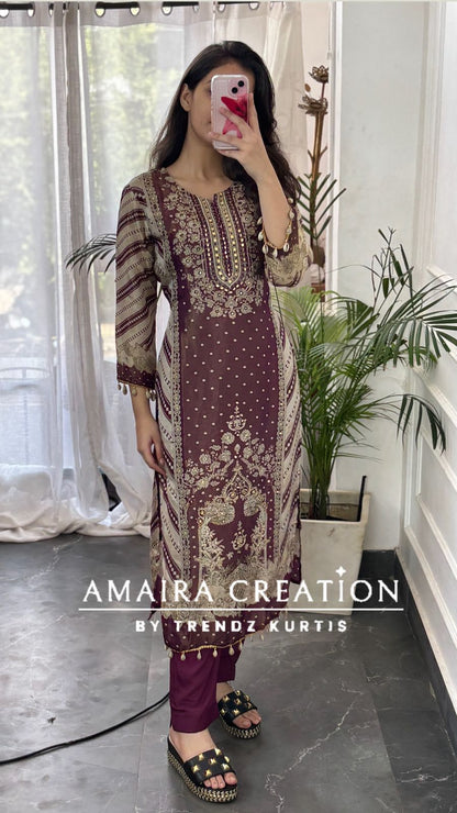 Premium Glass Tissue Bandhni Print Wine Colour Pant Set