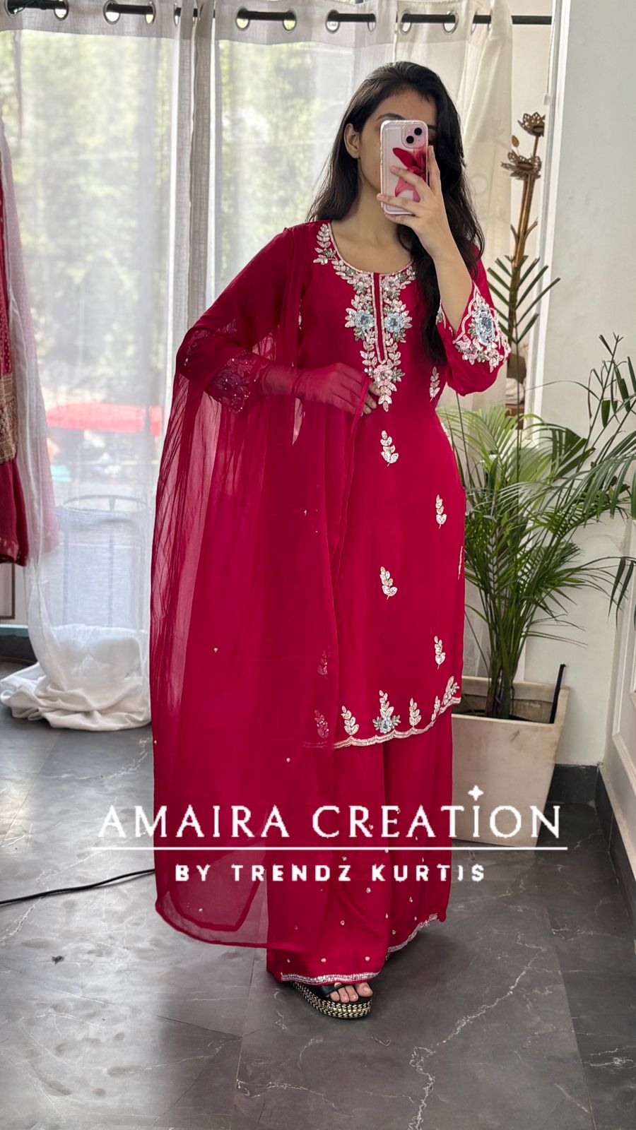 Premium Chinnon Magenta Plazo Set