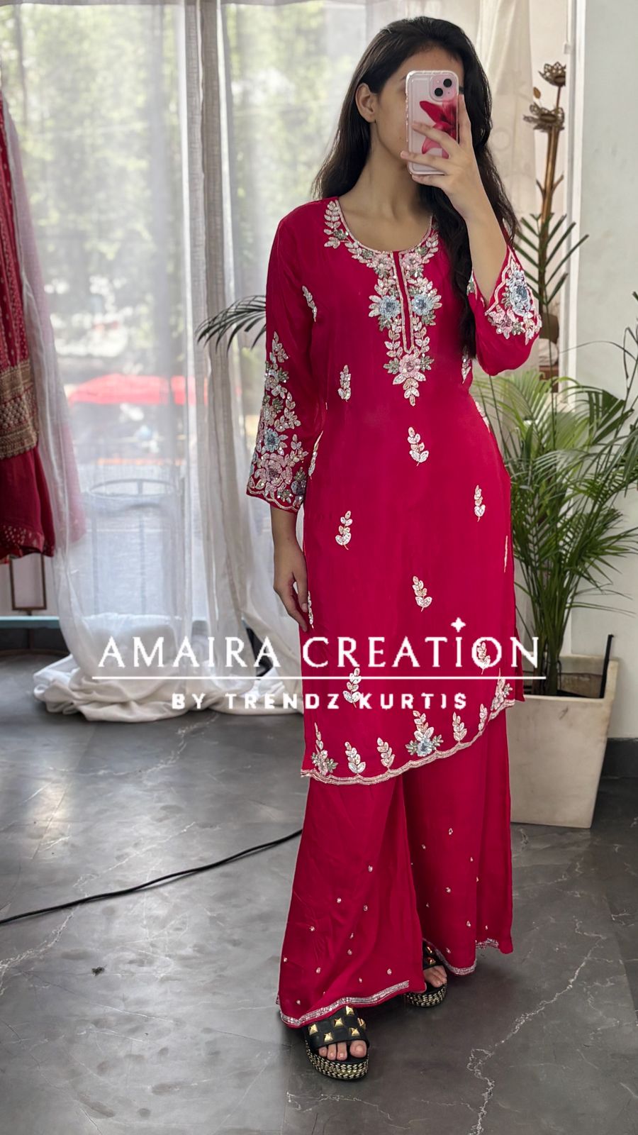 Premium Chinnon Magenta Plazo Set