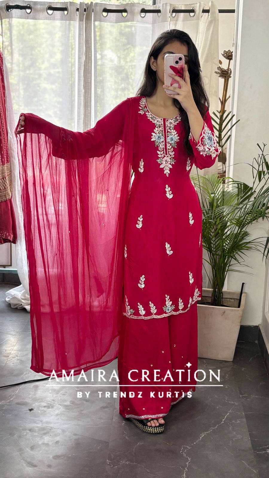 Premium Chinnon Magenta Plazo Set