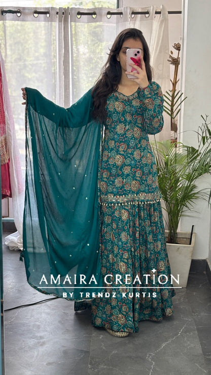 Premium Chinnon Firozi Full Flare Skirt Set