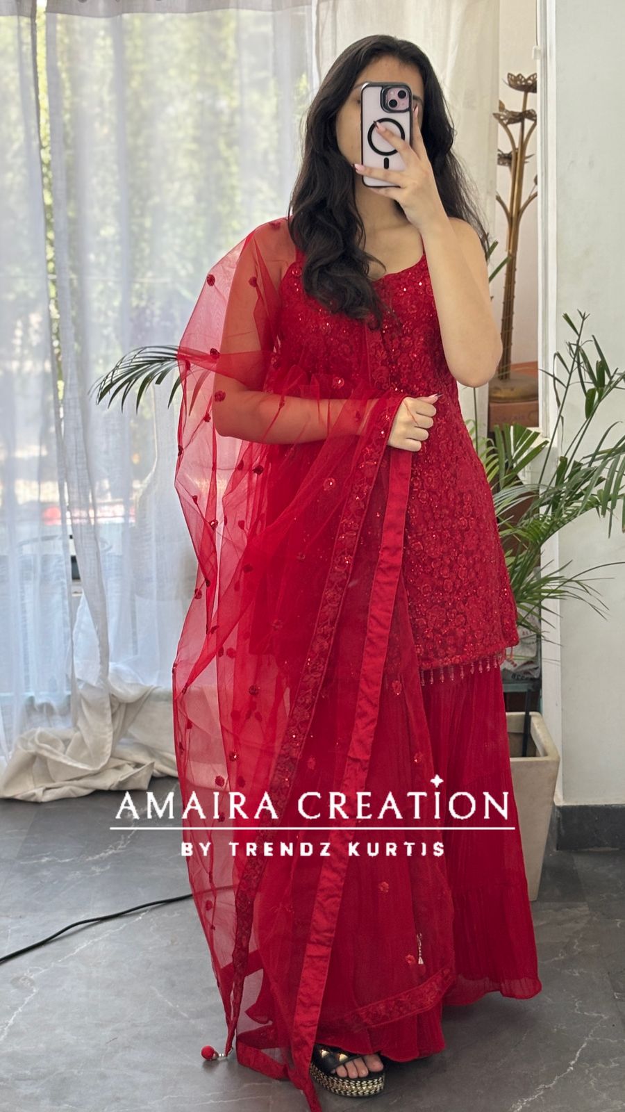 Premium Net Top With Thread Embroiderey, Sequence spreading &  Georgette Sharara Set(16inches Net Sleeves Available)
