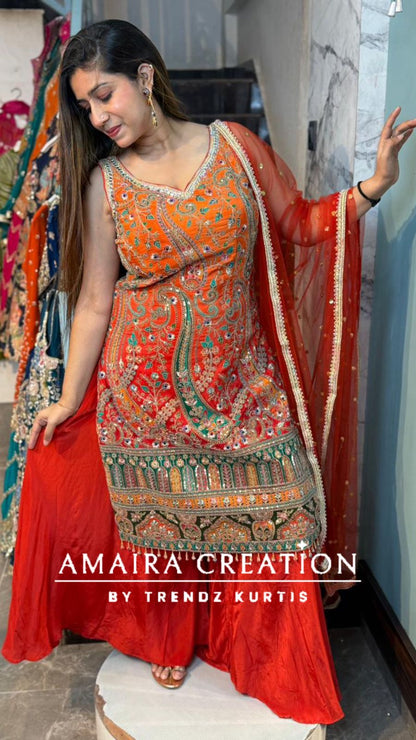 Premium Crepe Orange Fully Embroidered Divider Set (17 inches sleeves available)