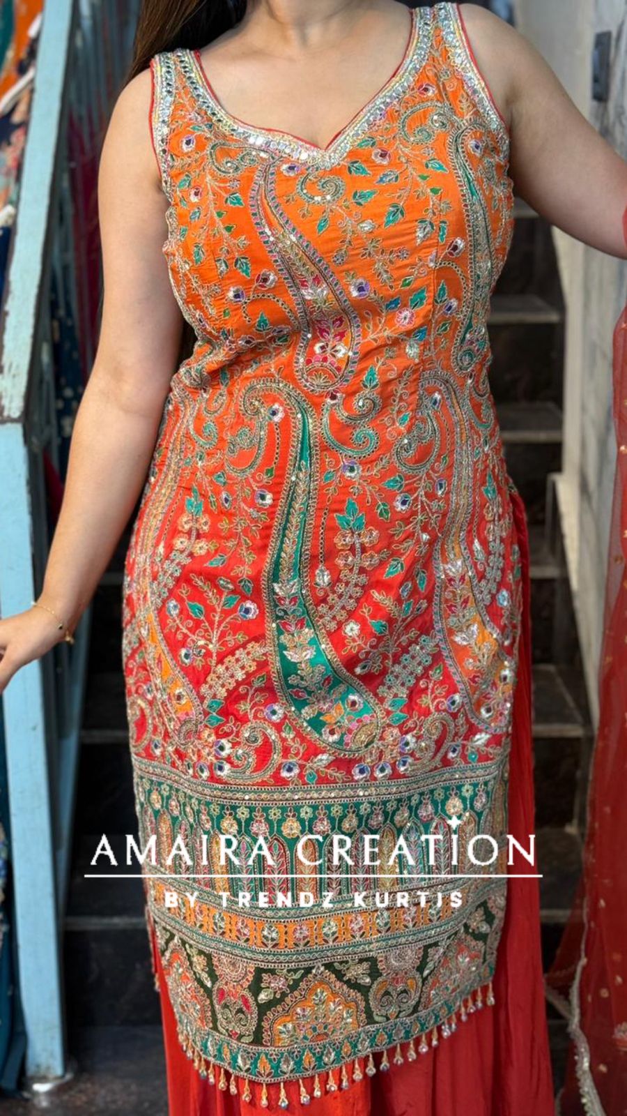 Premium Crepe Orange Fully Embroidered Divider Set (17 inches sleeves available)