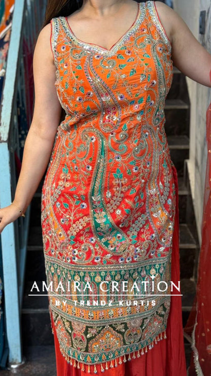 Premium Crepe Orange Fully Embroidered Divider Set (17 inches sleeves available)