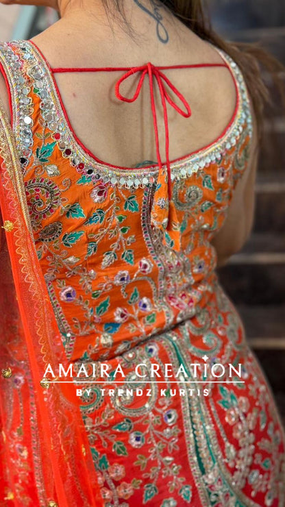 Premium Crepe Orange Fully Embroidered Divider Set (17 inches sleeves available)