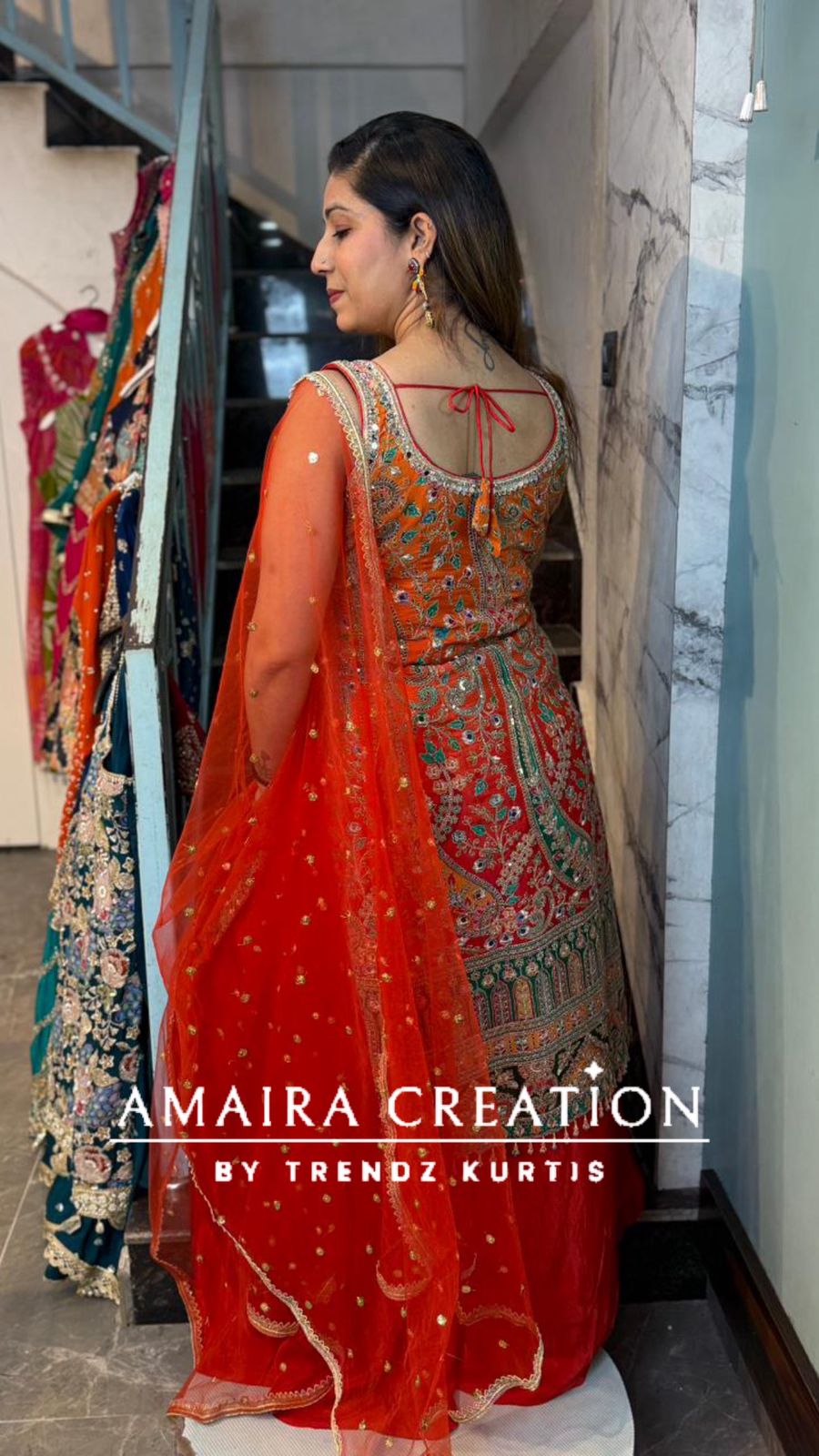 Premium Crepe Orange Fully Embroidered Divider Set (17 inches sleeves available)