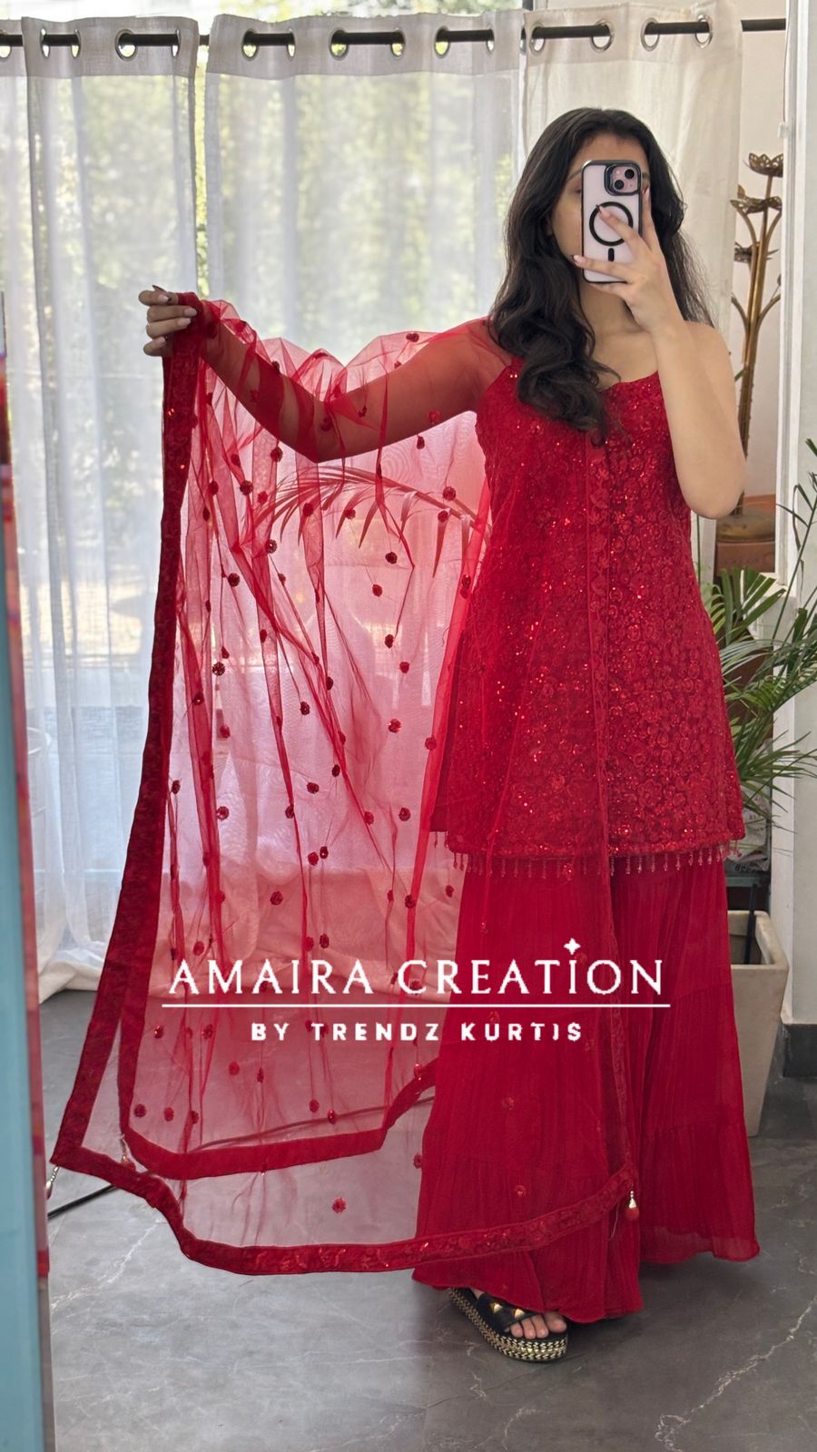 Premium Net Top With Thread Embroiderey, Sequence spreading &  Georgette Sharara Set(16inches Net Sleeves Available)