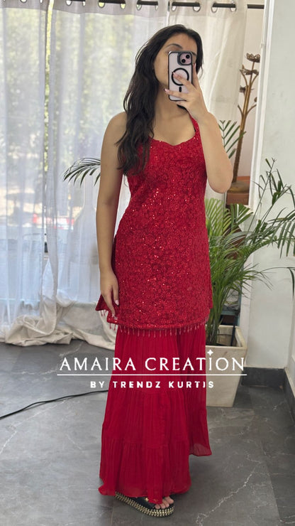 Premium Net Top With Thread Embroiderey, Sequence spreading &  Georgette Sharara Set(16inches Net Sleeves Available)