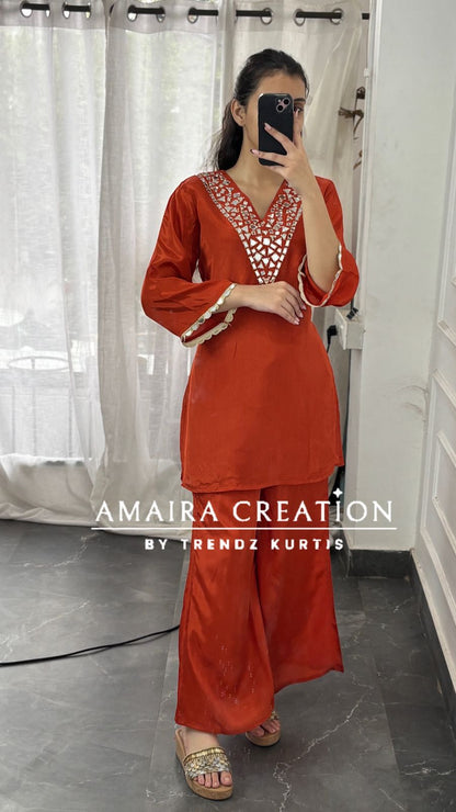 Premium Crepe Original Mirror Work Set With Scaling Organza  Dupatta