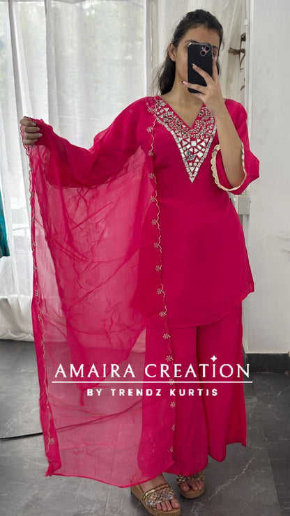 Premium Crepe Original Mirror Work Set With Scaling Organza  Dupatta