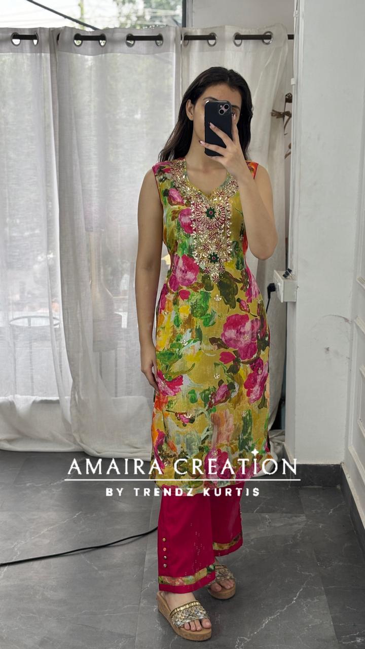 Premium Chinnon Vibrant Floral Pant Set(16 inches sleeves available )