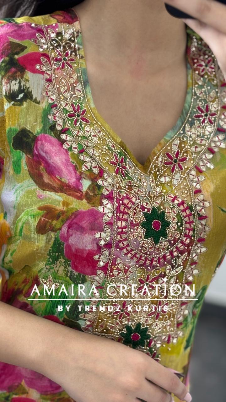 Premium Chinnon Vibrant Floral Pant Set(16 inches sleeves available )