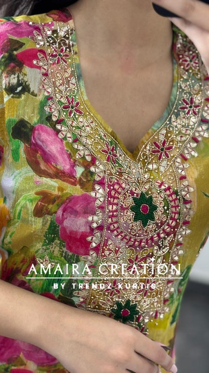 Premium Chinnon Vibrant Floral Pant Set(16 inches sleeves available )