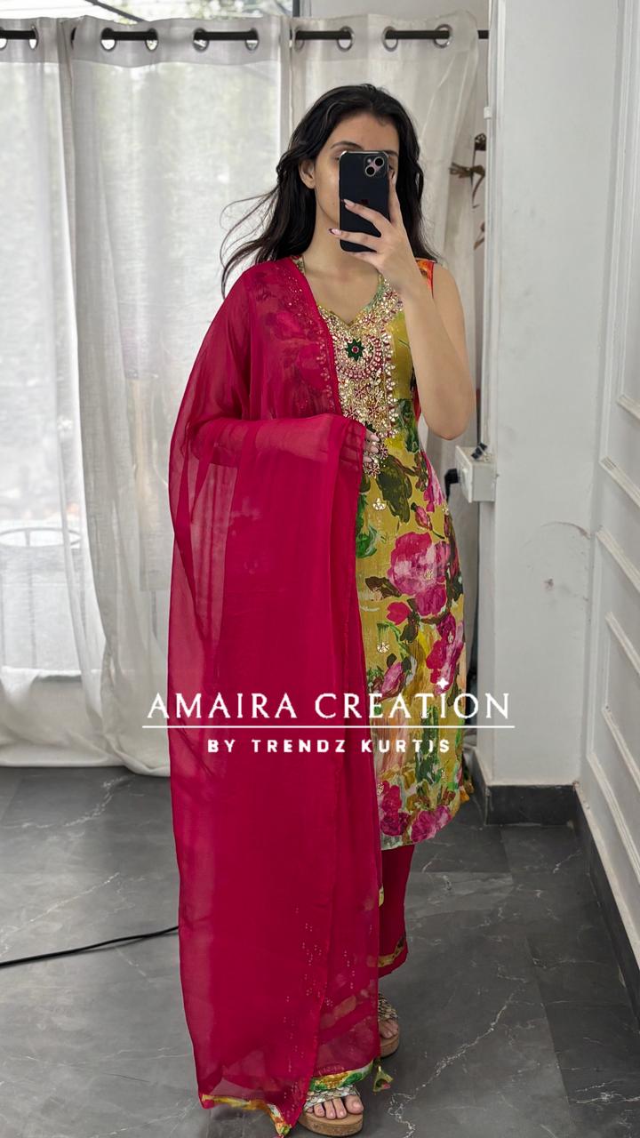 Premium Chinnon Vibrant Floral Pant Set(16 inches sleeves available )