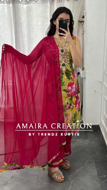 Premium Chinnon Vibrant Floral Pant Set(16 inches sleeves available )