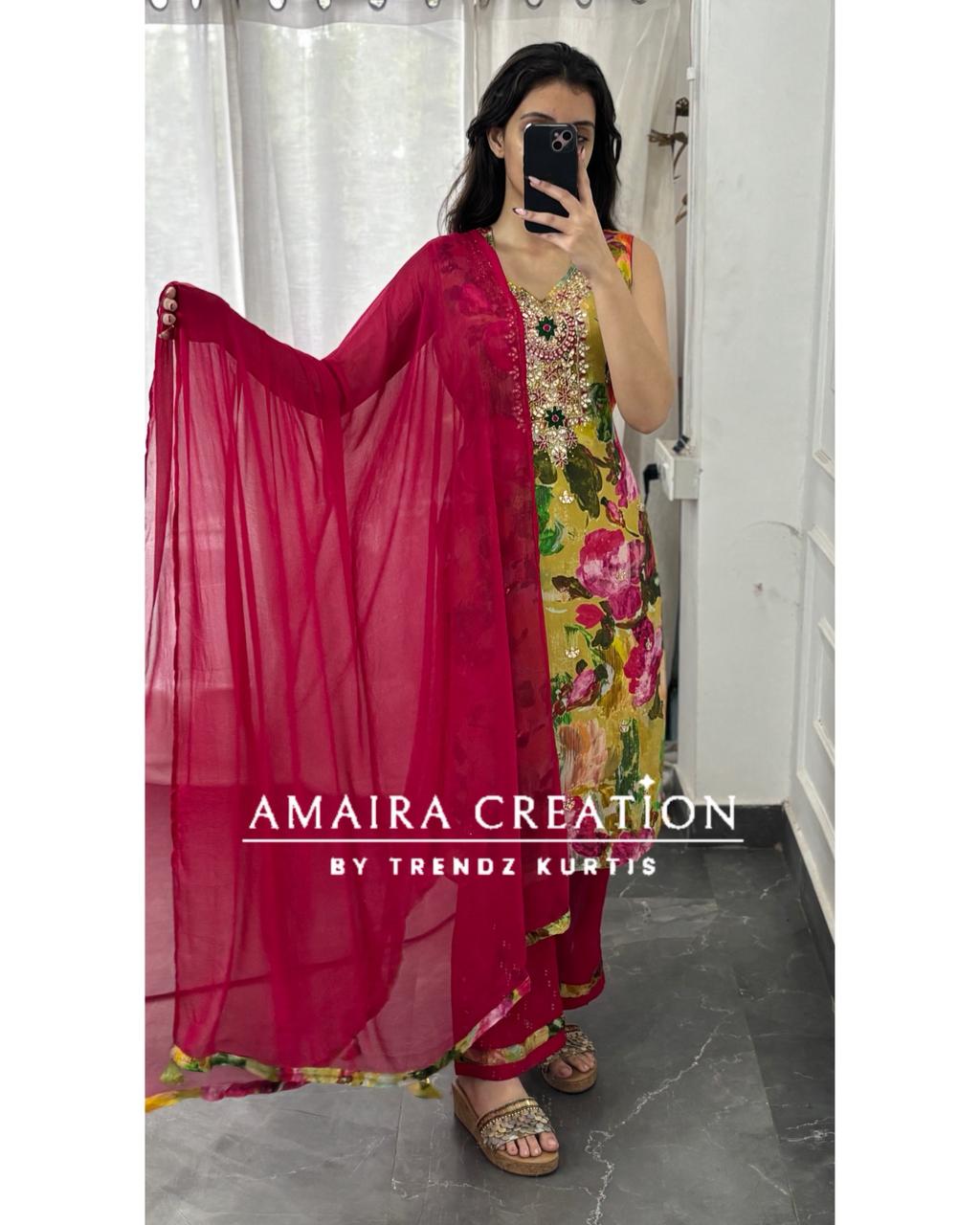 Premium Chinnon Vibrant Floral Pant Set(16 inches sleeves available )