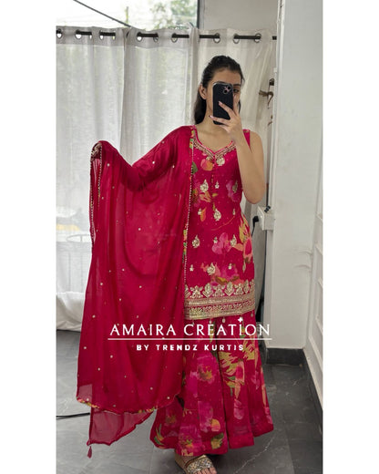 Premium Chinnon  Rani Colour Full Flare Divider Set(17 inches sleeves available)