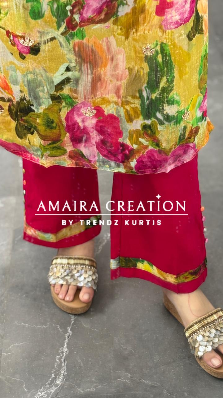 Premium Chinnon Vibrant Floral Pant Set(16 inches sleeves available )