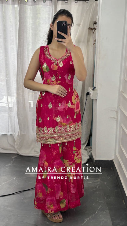 Premium Chinnon  Rani Colour Full Flare Divider Set(17 inches sleeves available)