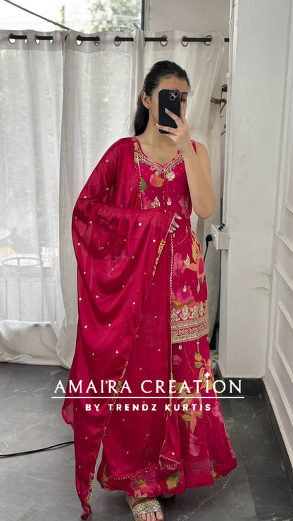 Premium Chinnon  Rani Colour Full Flare Divider Set(17 inches sleeves available)