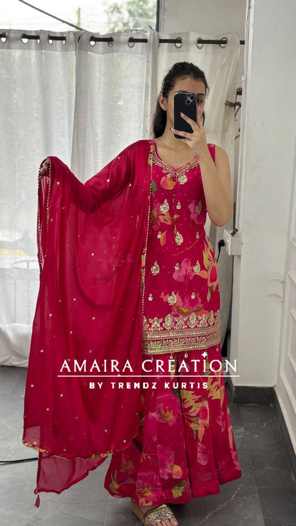 Premium Chinnon  Rani Colour Full Flare Divider Set(17 inches sleeves available)