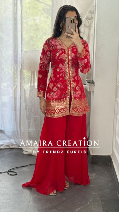 Premium Organza Red Colour Short Kurti With Flare Georgette Divider Set