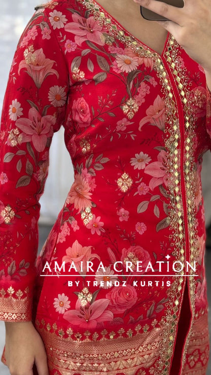 Premium Organza Red Colour Short Kurti With Flare Georgette Divider Set