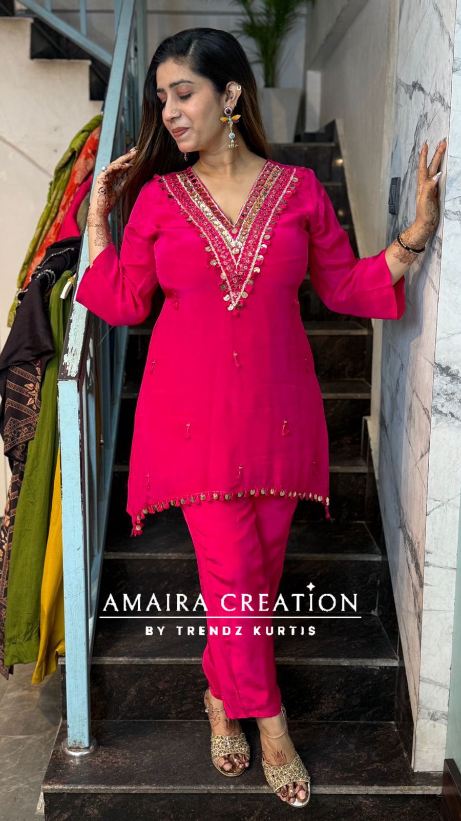 Premium Crepe C Cut Pattern Pant Set With Beautiful Neck Detailing