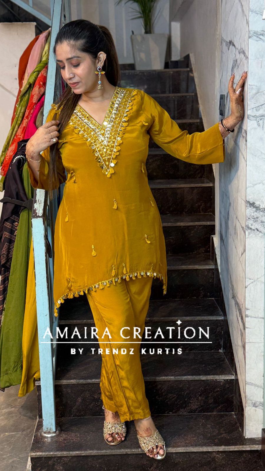 Premium Crepe C Cut Pattern Pant Set With Beautiful Neck Detailing