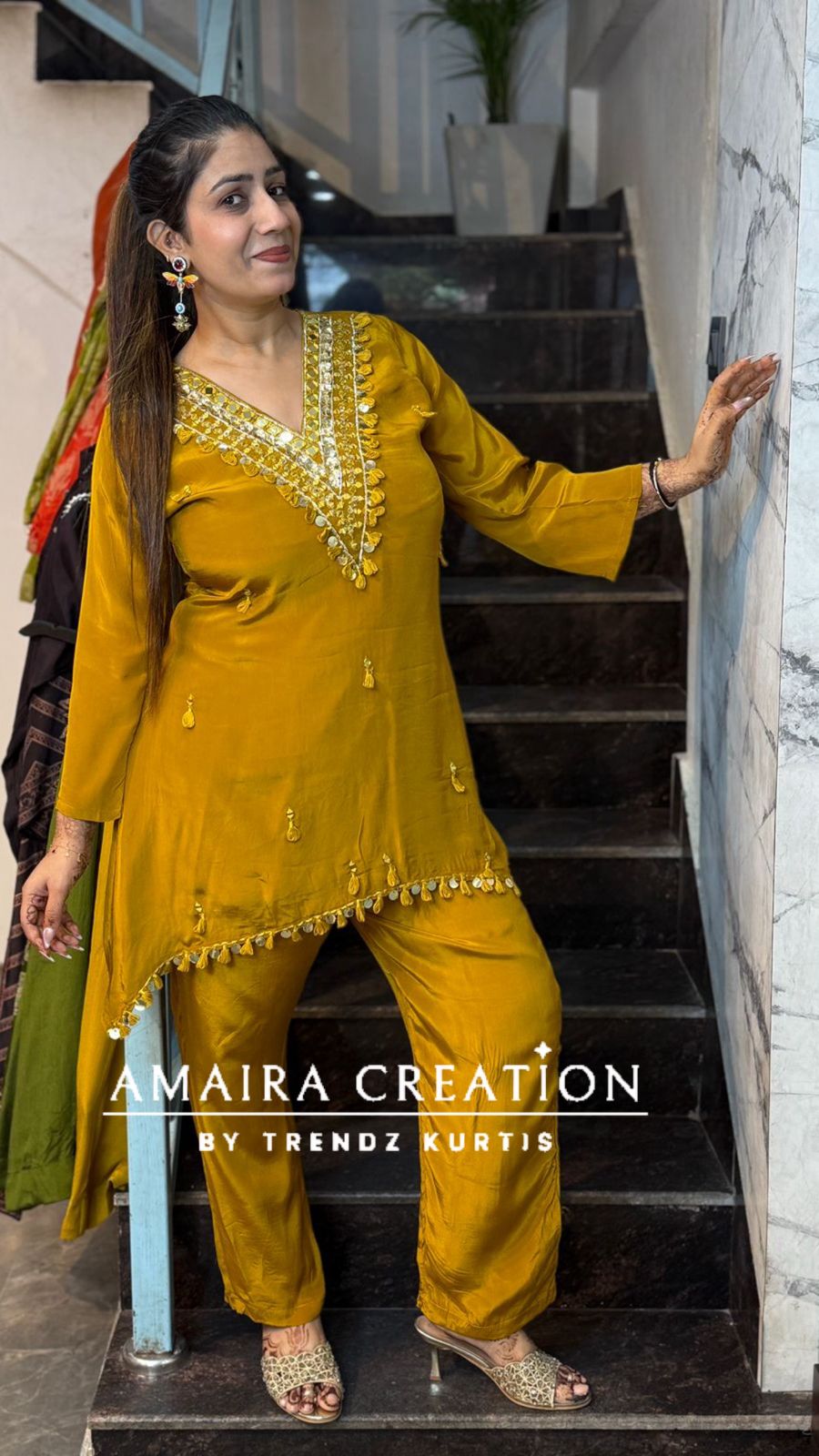 Premium Crepe C Cut Pattern Pant Set With Beautiful Neck Detailing