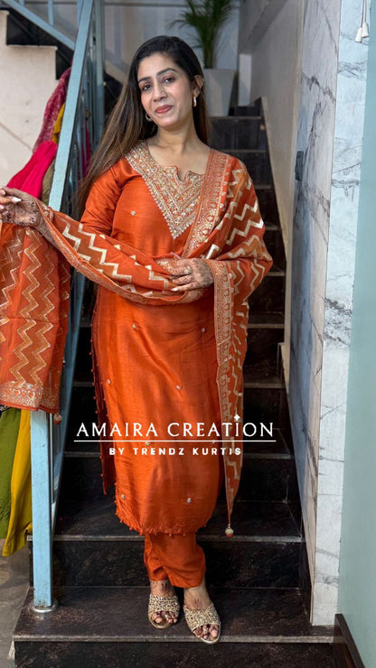 Premium Dola Silk With Beautiful Hand Work Jacquard Dupatta