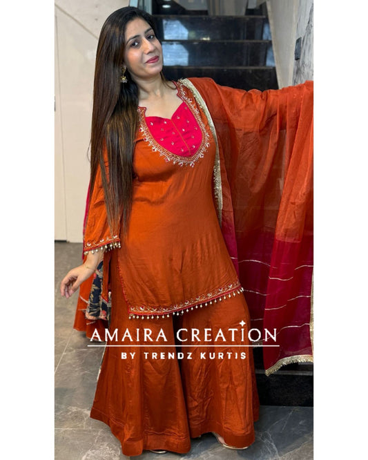 remium Chinnon Rust Full Flare Divider Set With Beautiful Organza Dupatta