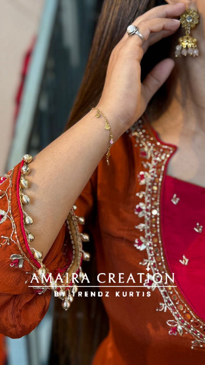 remium Chinnon Rust Full Flare Divider Set With Beautiful Organza Dupatta