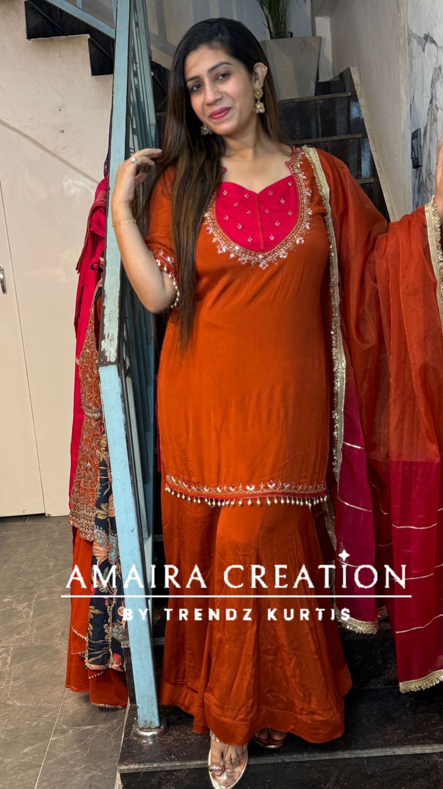 remium Chinnon Rust Full Flare Divider Set With Beautiful Organza Dupatta