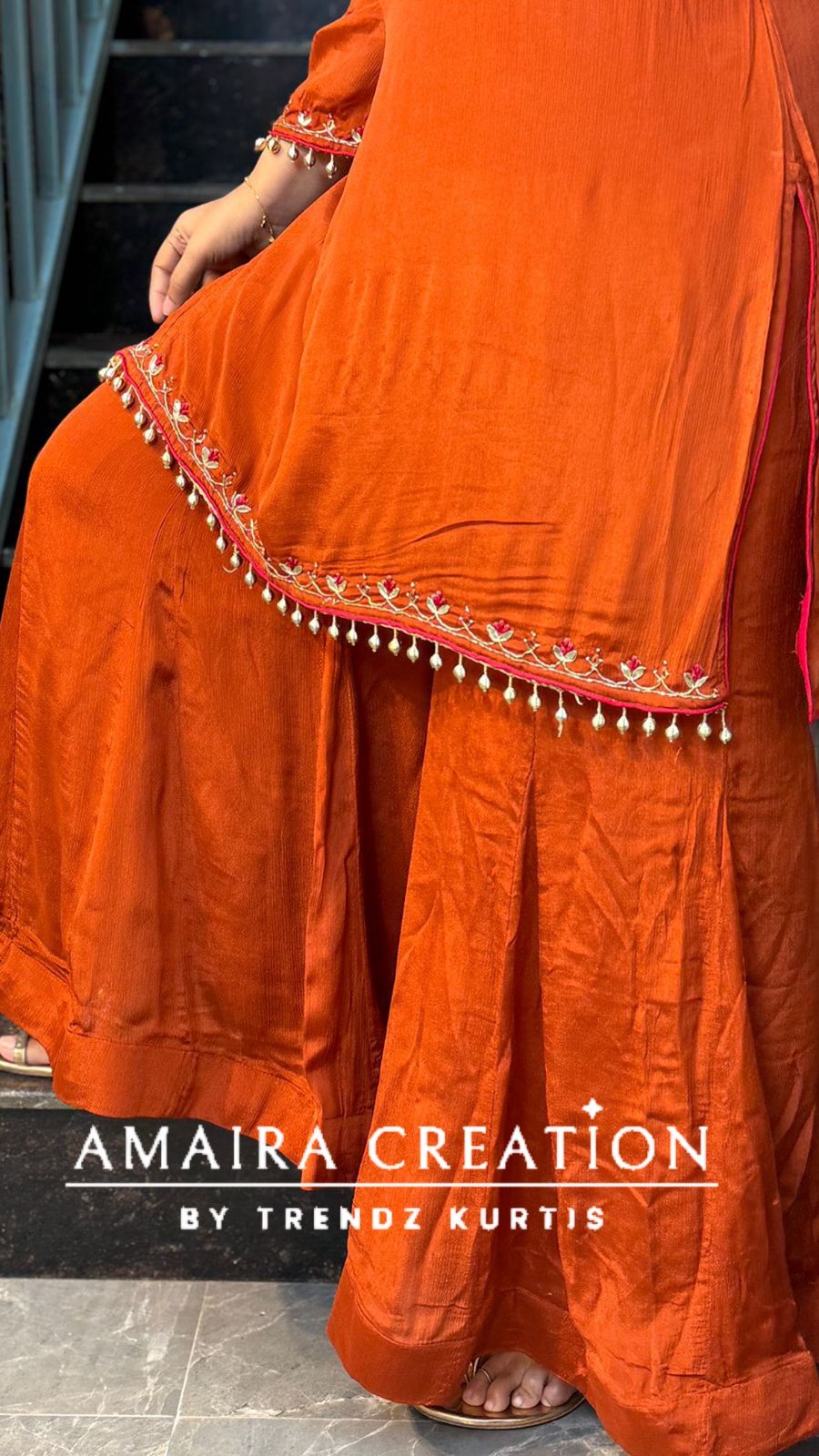 remium Chinnon Rust Full Flare Divider Set With Beautiful Organza Dupatta
