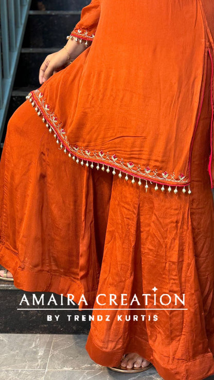 remium Chinnon Rust Full Flare Divider Set With Beautiful Organza Dupatta