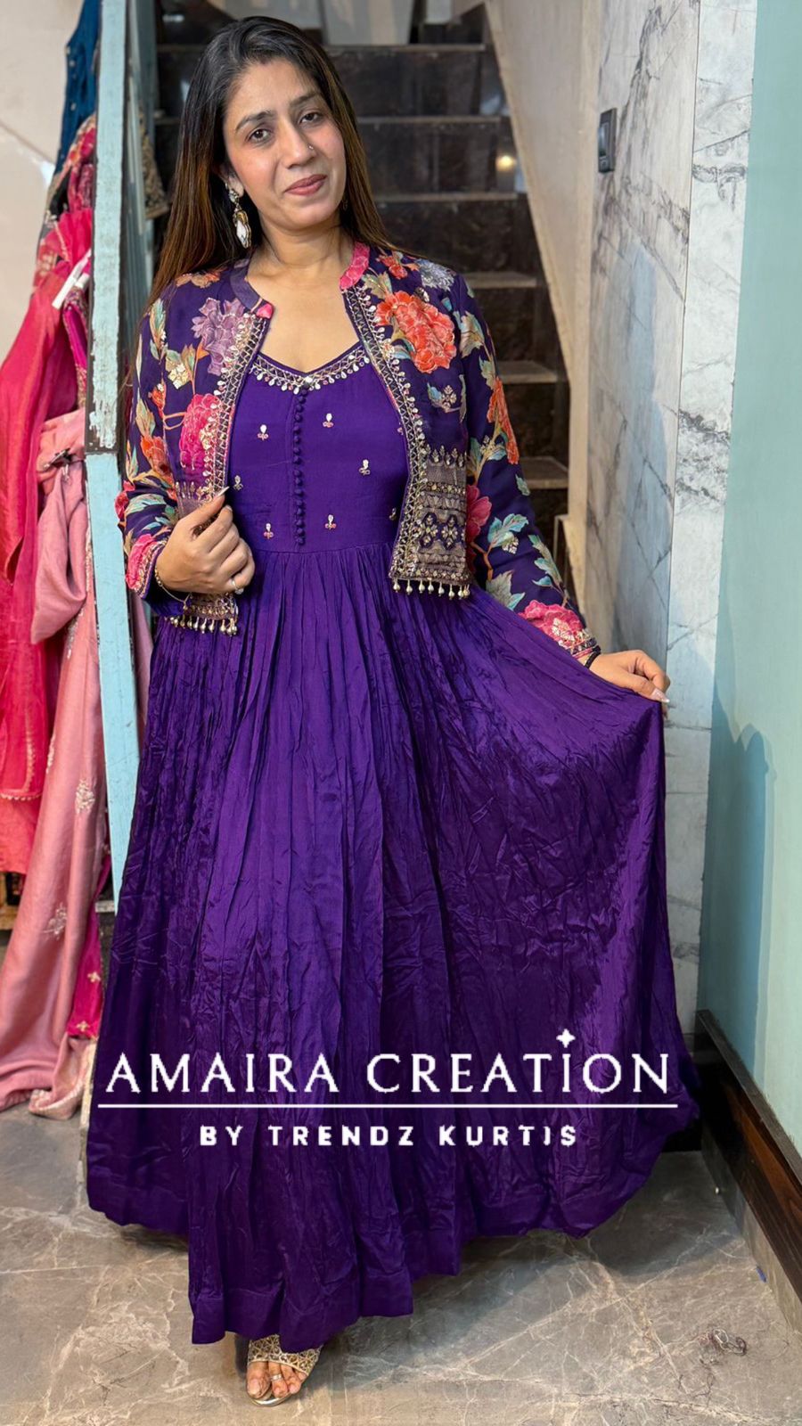 Premium Chinnon Purple One Piece Dress With Stylish Jacket