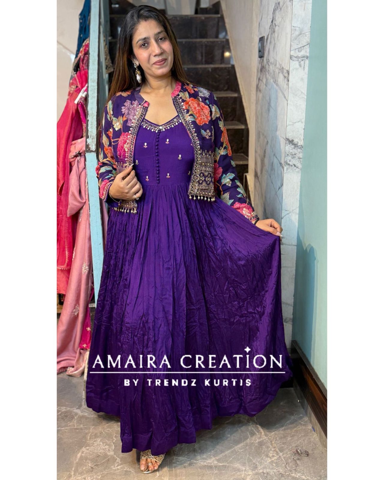 Premium Chinnon Purple One Piece Dress With Stylish Jacket