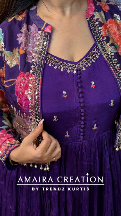 Premium Chinnon Purple One Piece Dress With Stylish Jacket