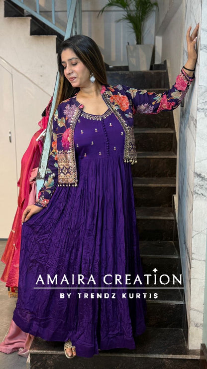 Premium Chinnon Purple One Piece Dress With Stylish Jacket