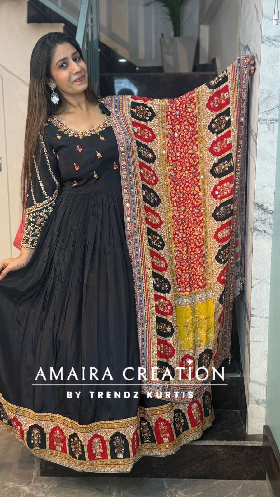 Premium Crepe Black Colour One Piece With Beautiful Neck Detailing And Crepe Dupatta
