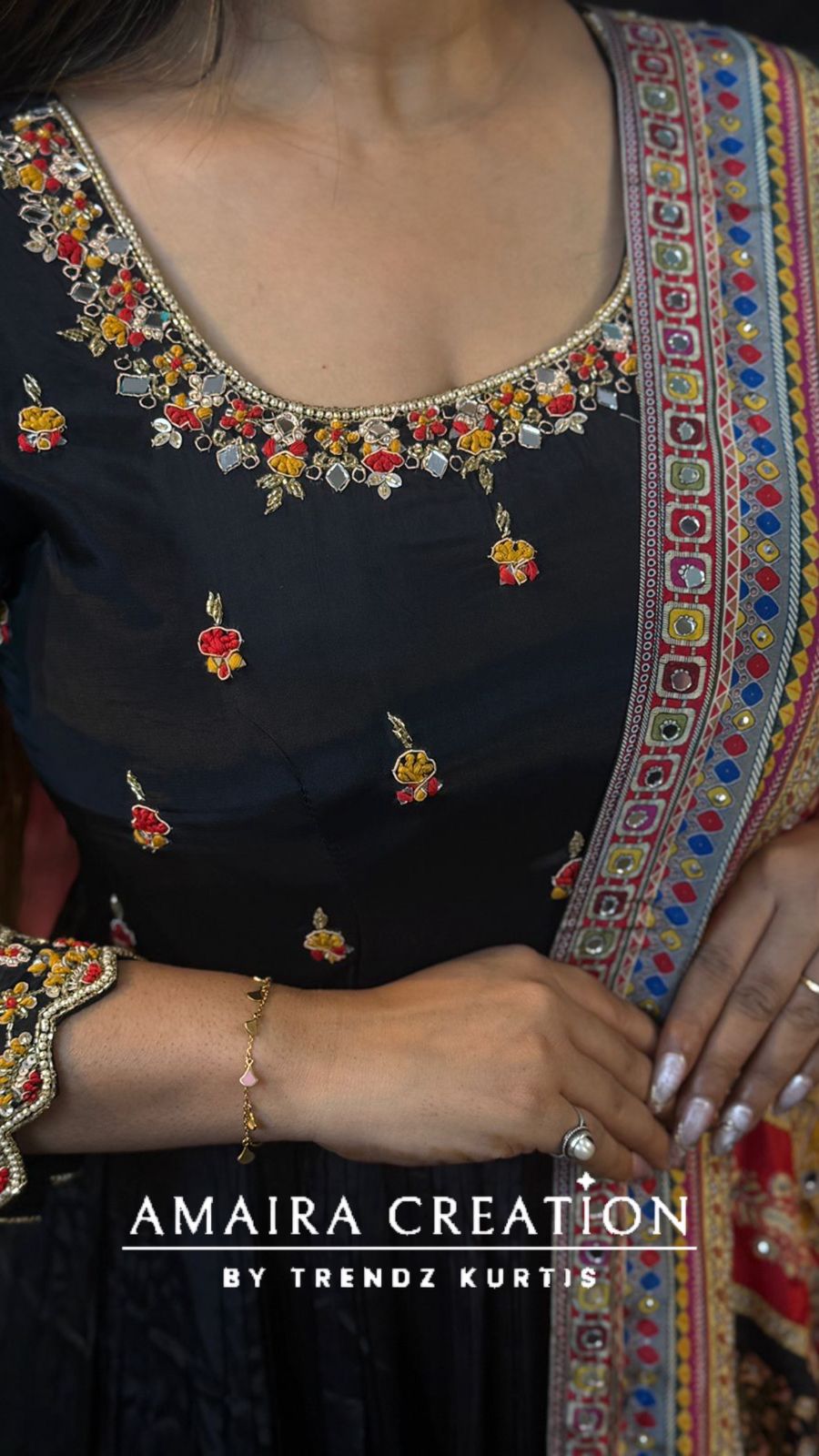 Premium Crepe Black Colour One Piece With Beautiful Neck Detailing And Crepe Dupatta
