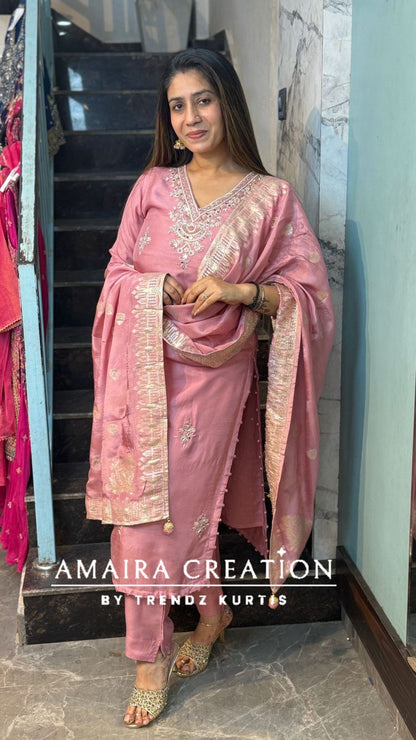 Premium Dola Silk Baby Pink Colour Pant Set With Banarasi Dupatta